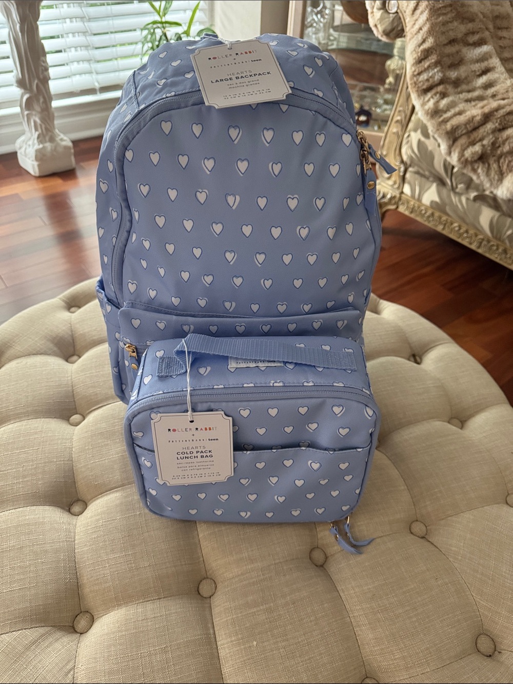 Pottery barn Blue Heart Print Large Backpack with Cooler Lunch Bag